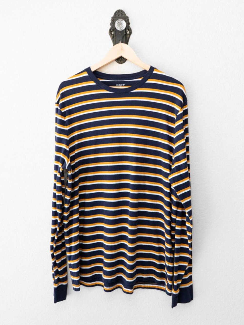 J Crew Washed Jersey Shirt Mens XL Navy Mustard White Stripe Long Sleeve Cotton